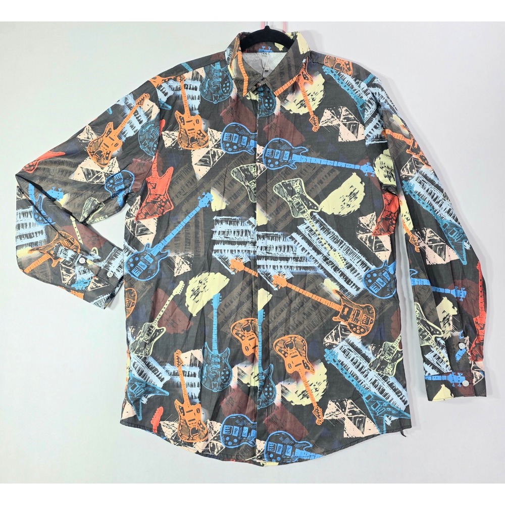 NEW Guitar Keyboard Graphic Print Mens XXL Linen Button Down Shirt